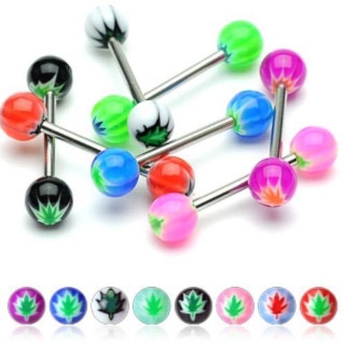 8pc Pot Leaf Inlay Tongue Rings 14g Tounge Wholesale Marijuana Body Jewelry