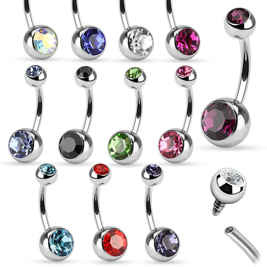 Internally Threaded Steel Double CZ Gem Ball Belly Ring Pierced Navel Naval