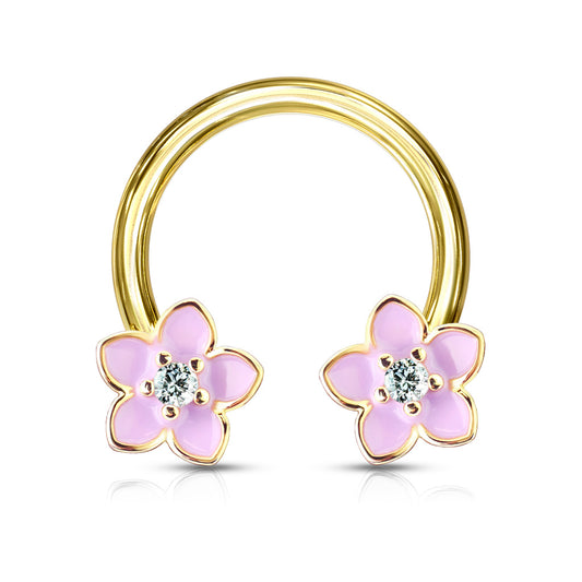 1pc Pink Enamel Flowers Gold Circular Barbell Horseshoe Lip Nipple Septum Ring