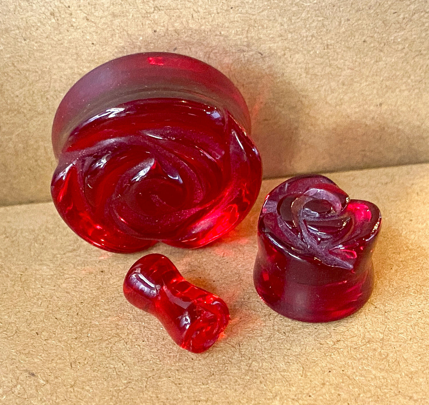 PAIR Carved Rose Flower Red Glass Double Flare Plugs Gauges Tunnels Jewelry