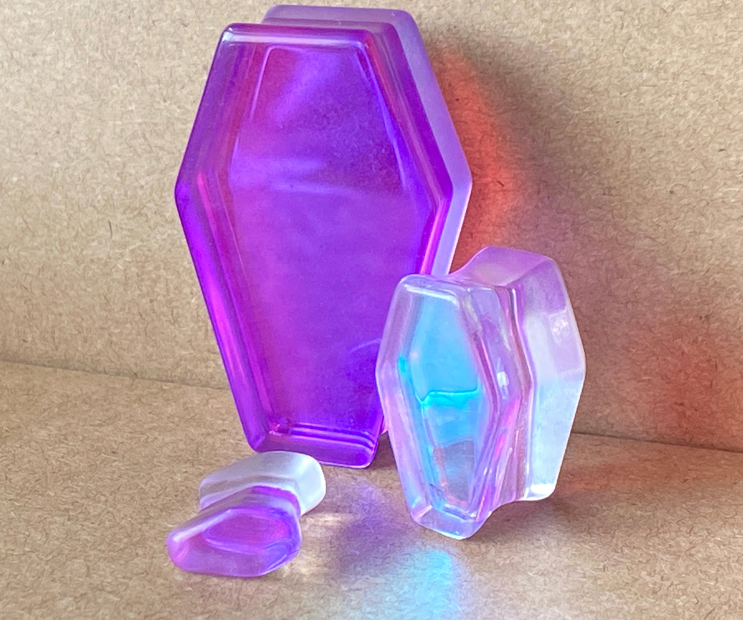 PAIR Mermaid Iridescent Glass Coffin Shaped Double Flare Plugs