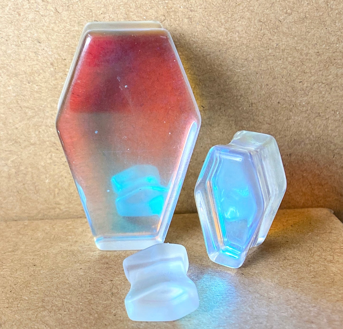 PAIR Luminous Moonstone Iridescent Glass Coffin Shaped Plugs