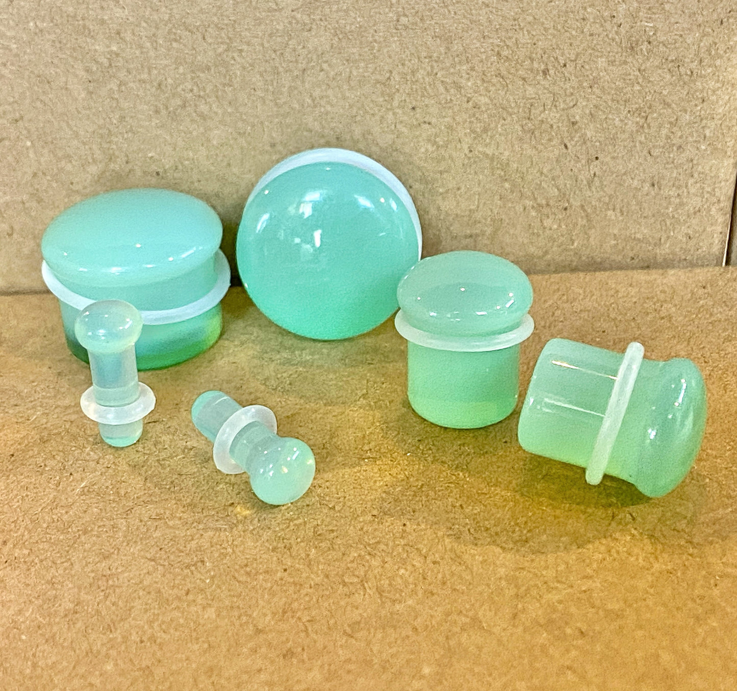 PAIR Green Opalite Single Flare Plugs Stone Glass Earlets Gauges Body Jewelry