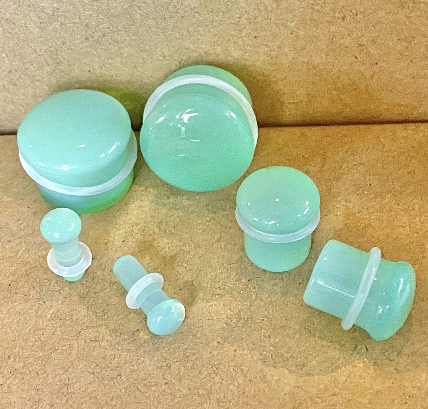 PAIR Green Opalite Single Flare Plugs Stone Glass Earlets Gauges Body Jewelry