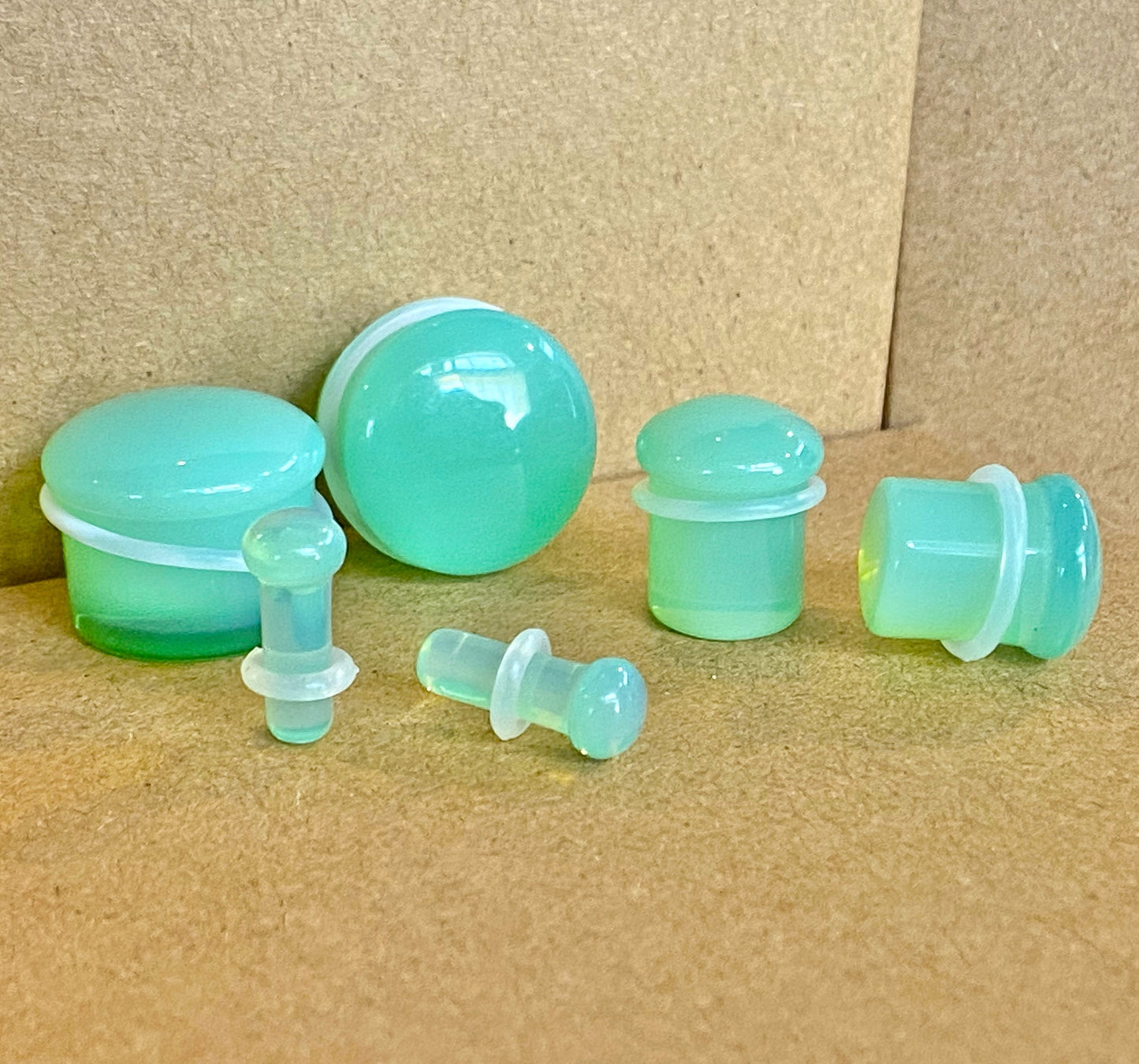 PAIR Green Opalite Single Flare Plugs Stone Glass Earlets Gauges Body Jewelry