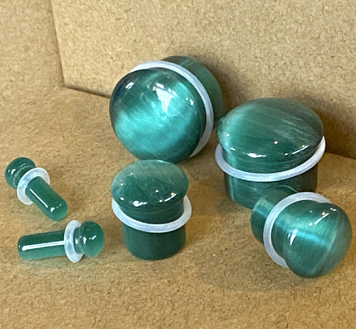 PAIR Teal Cat Eye Stone Plugs Single Flare Tunnels Earlets Gauges Body Jewelry