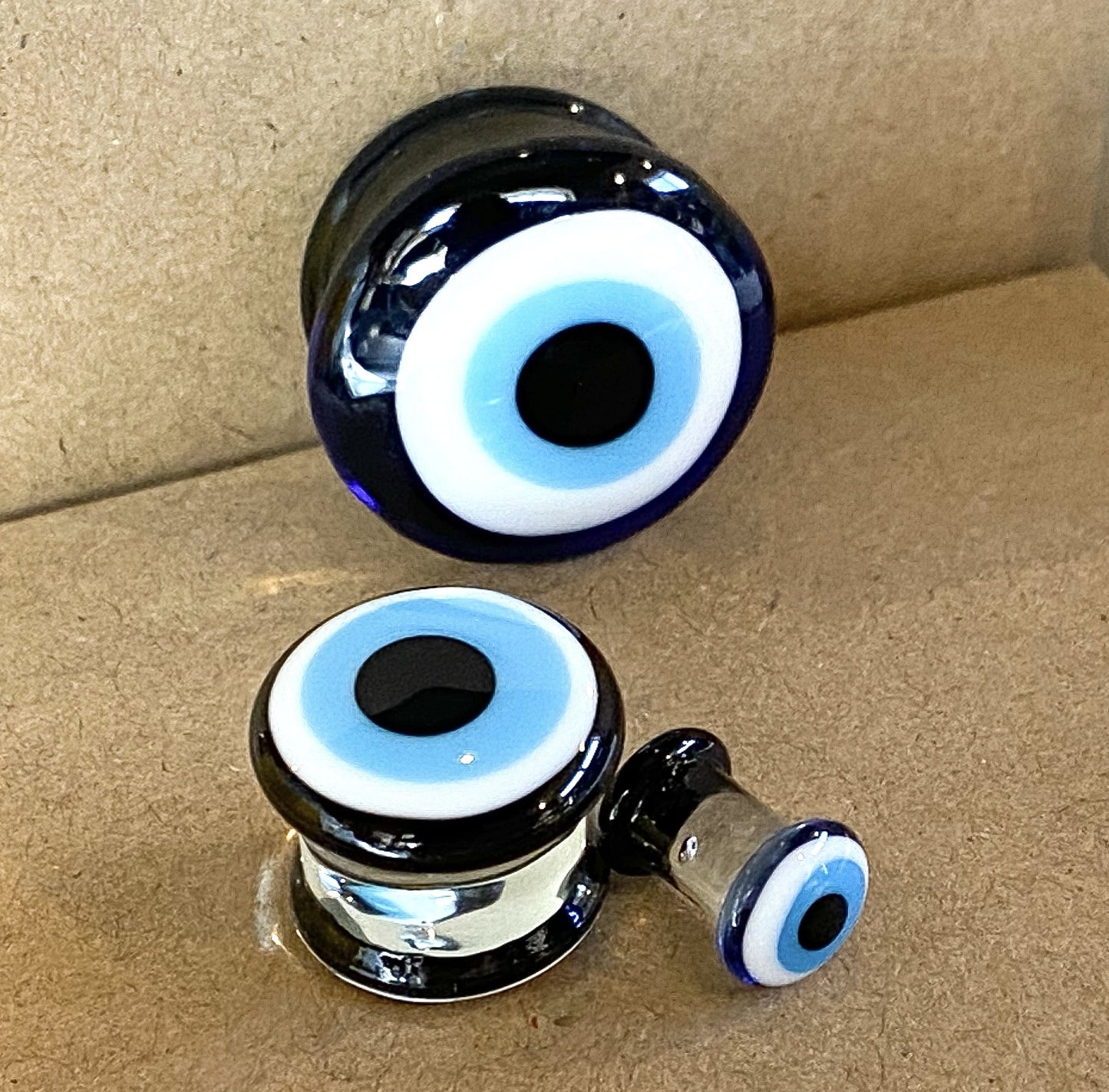 PAIR Evil Eye Glass Double Flare Plugs Tunnels Gauges Piercing Body Jewelry