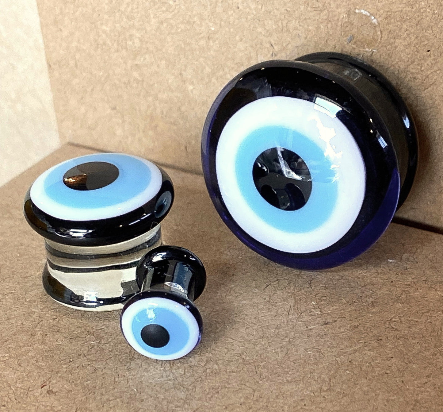 PAIR Evil Eye Glass Double Flare Plugs Tunnels Gauges Piercing Body Jewelry