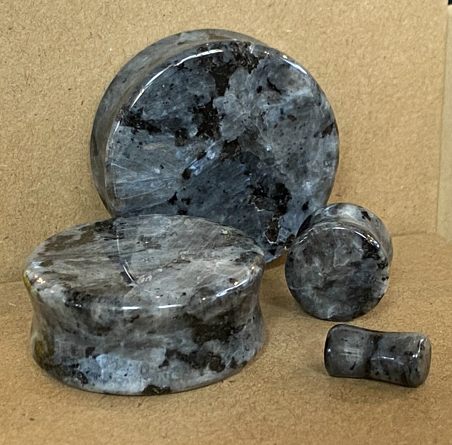 PAIR Natural Black Labradorite Stone Double Flare Plugs Tunnels Earlets Gauges