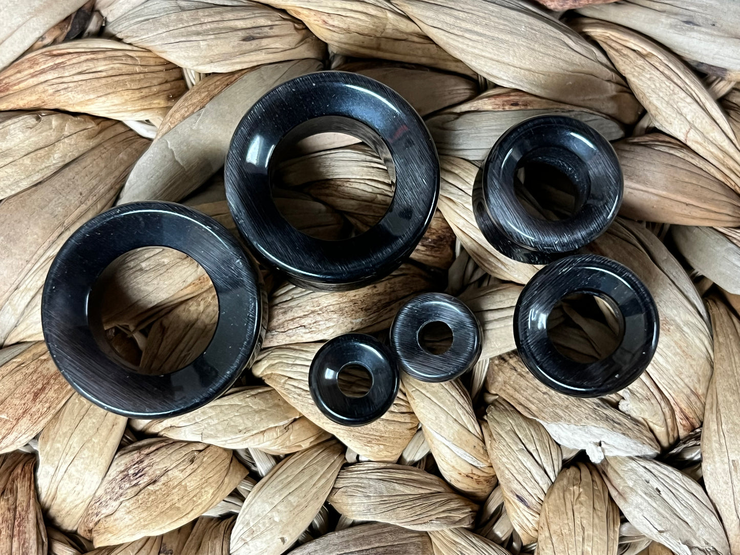 PAIR Black Cat Eye Stone Double Flare Tunnels Plugs Earlets Gauges Body Jewelry