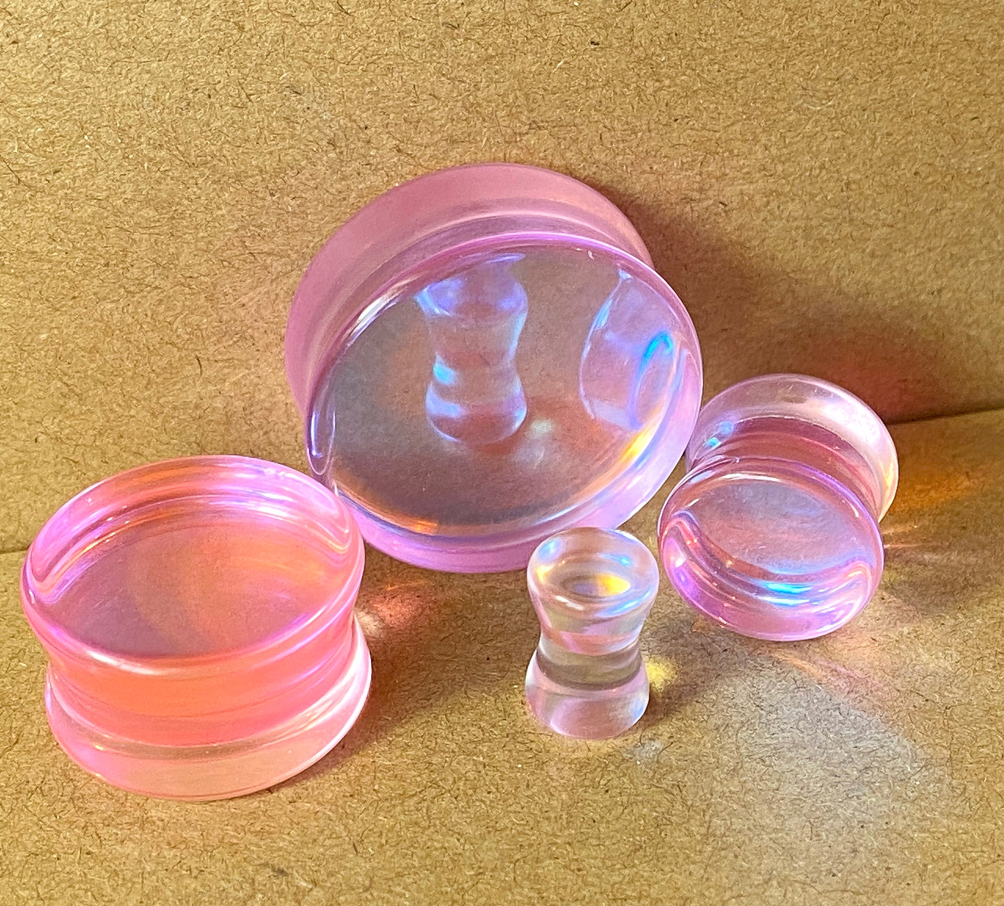 PAIR Pink Iridescent Glass Double Flare Plugs