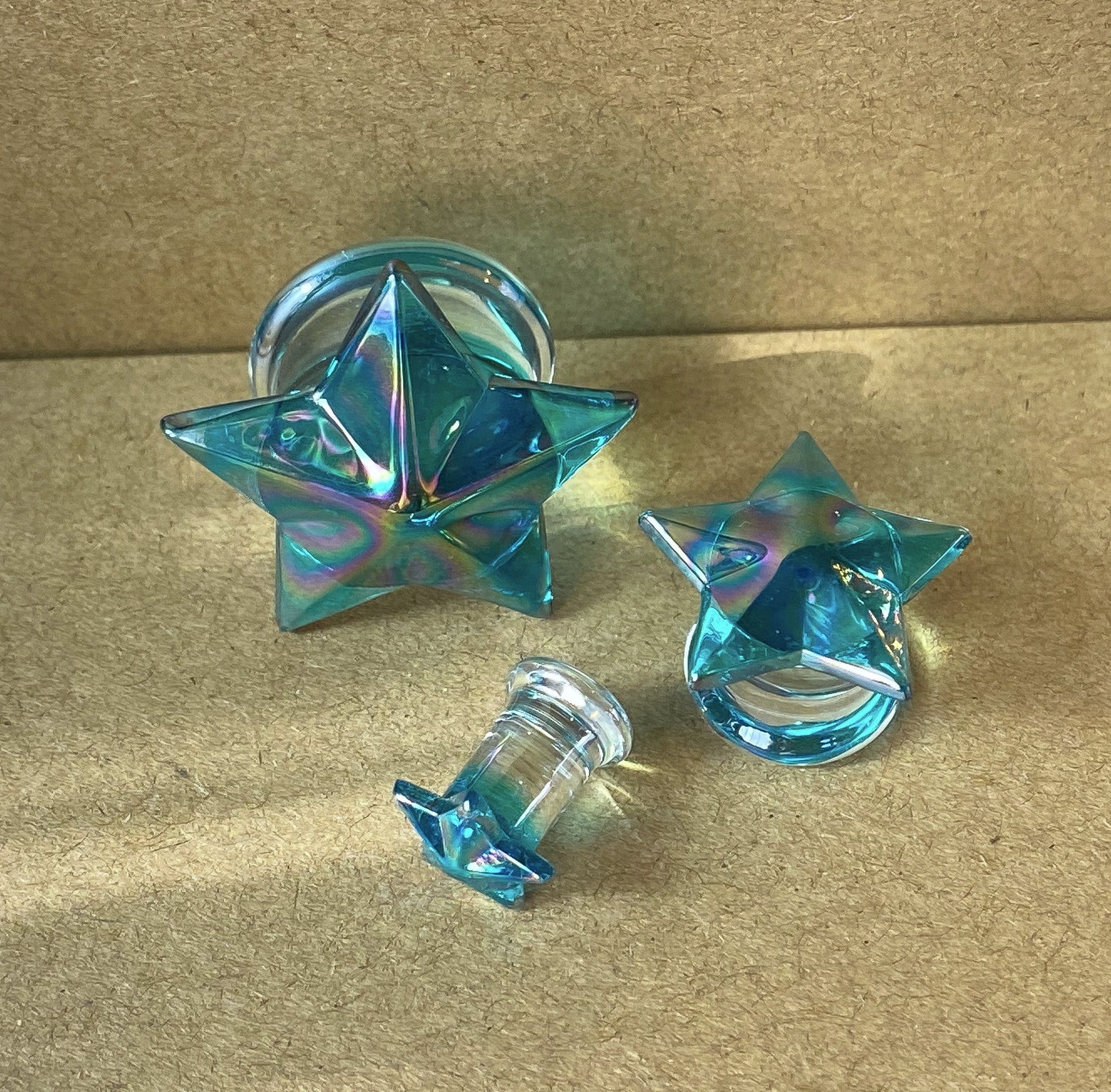 PAIR Glass Plugs Aqua Star Double Flare Gauges Tunnels