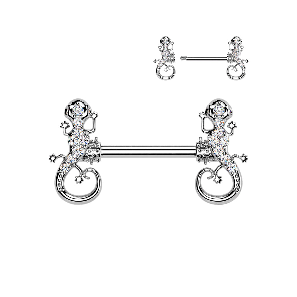 PAIR Gecko Lizard Gem Ends Nipple Rings Shields Barbells Body Jewelry