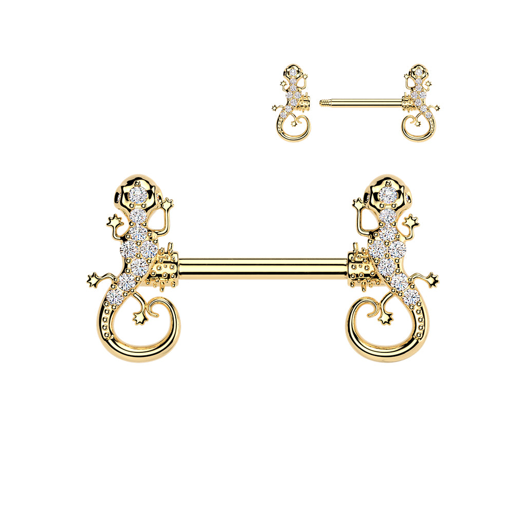 PAIR Gecko Lizard Gem Ends Nipple Rings Shields Barbells Body Jewelry
