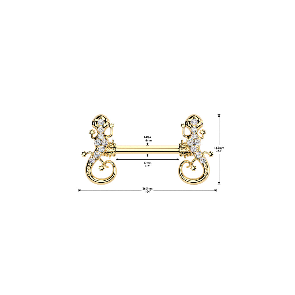 PAIR Gecko Lizard Gem Ends Nipple Rings Shields Barbells Body Jewelry
