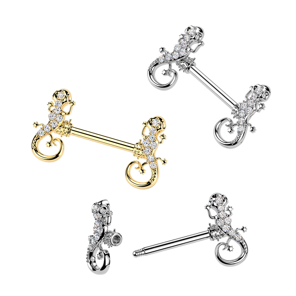PAIR Gecko Lizard Gem Ends Nipple Rings Shields Barbells Body Jewelry
