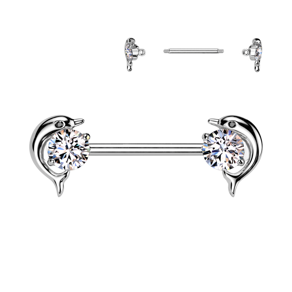 PAIR Dolphin Gem Ends Nipple Rings Shields Barbells Body Jewelry