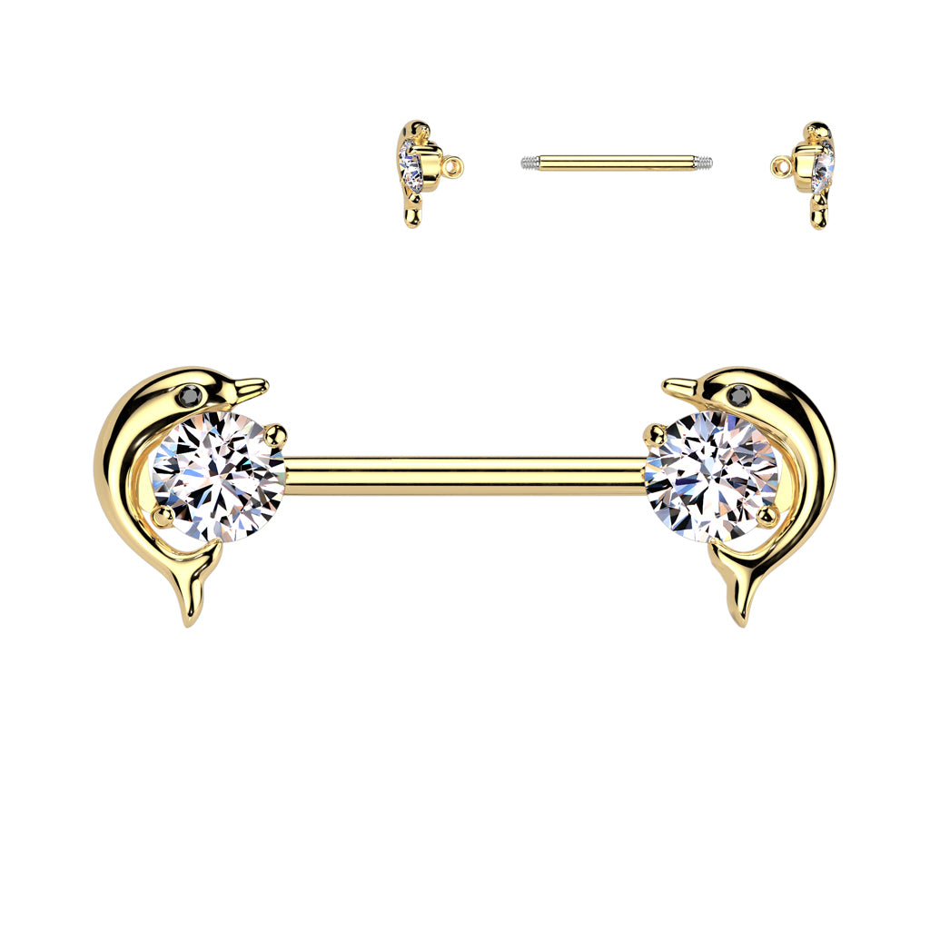 PAIR Dolphin Gem Ends Nipple Rings Shields Barbells Body Jewelry