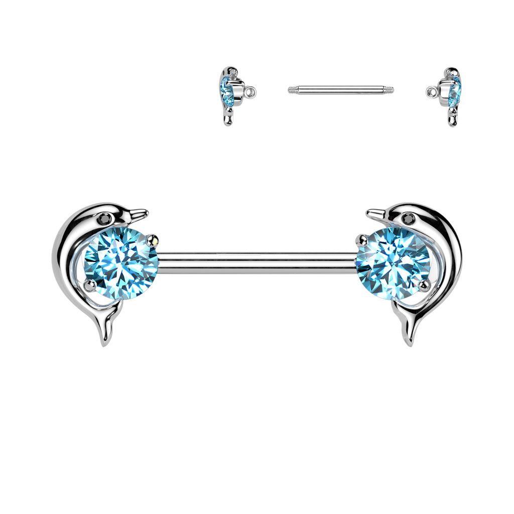 PAIR Dolphin Gem Ends Nipple Rings Shields Barbells Body Jewelry