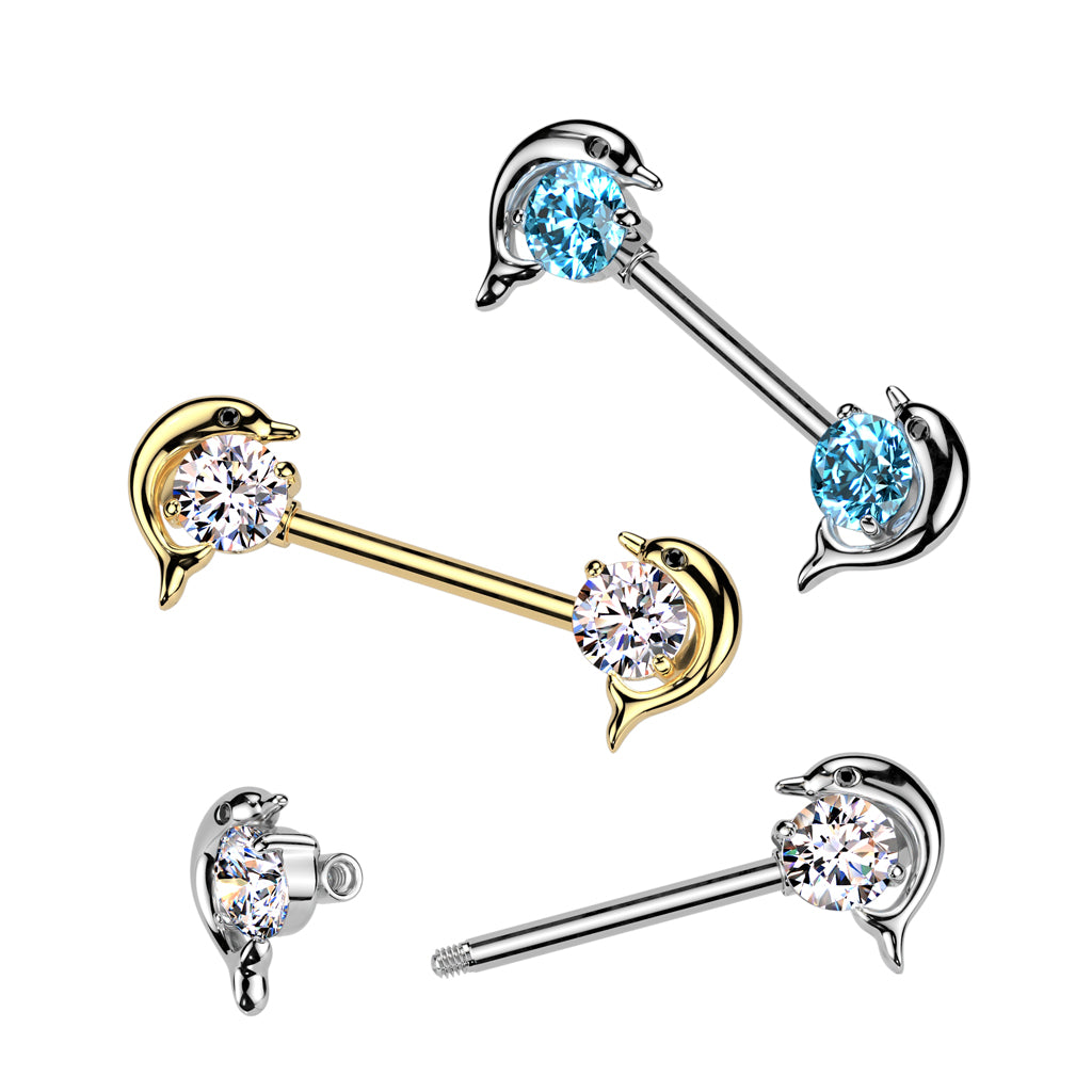 PAIR Dolphin Gem Ends Nipple Rings Shields Barbells Body Jewelry