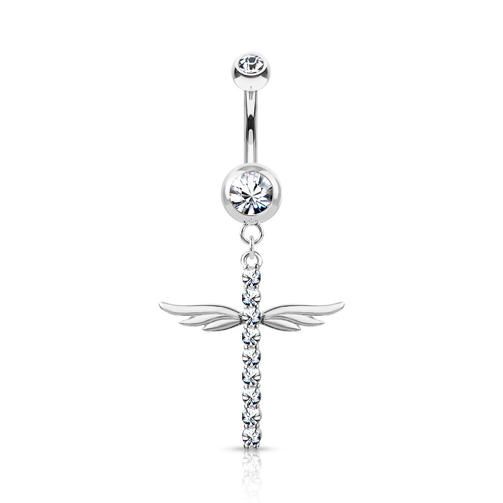 1pc CZ Gem Winged Cross Belly Button Ring Pierced Navel Gold Plated Wings Naval
