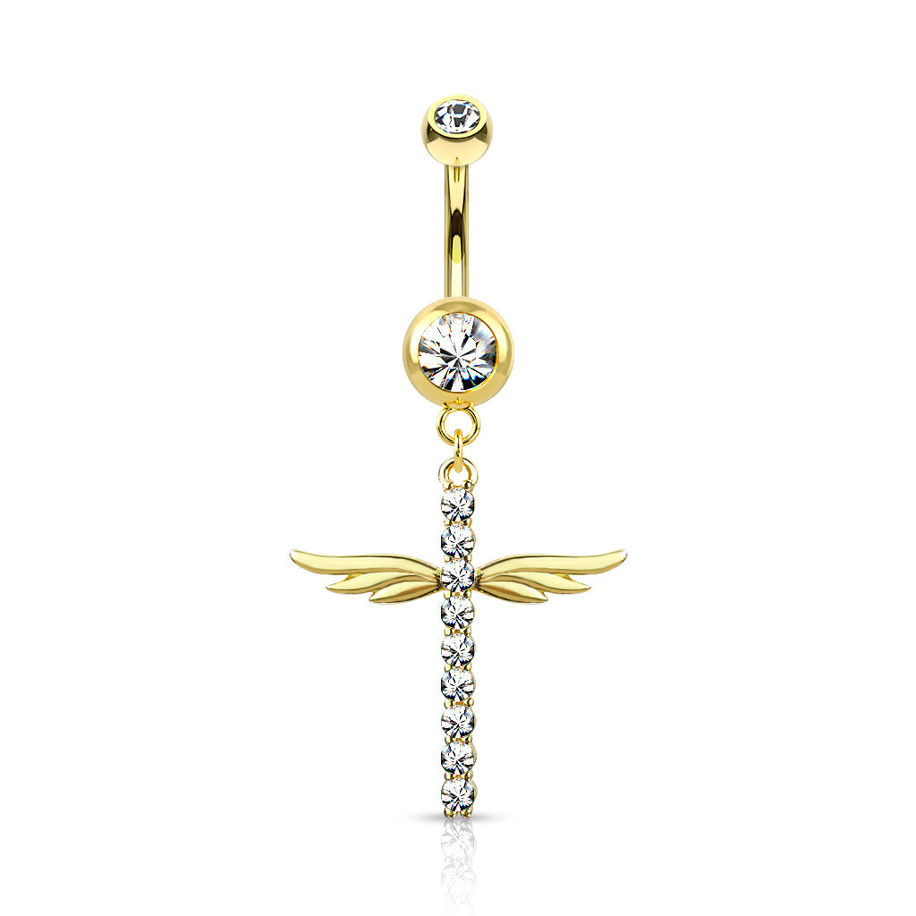 1pc CZ Gem Winged Cross Belly Button Ring Pierced Navel Gold Plated Wings Naval