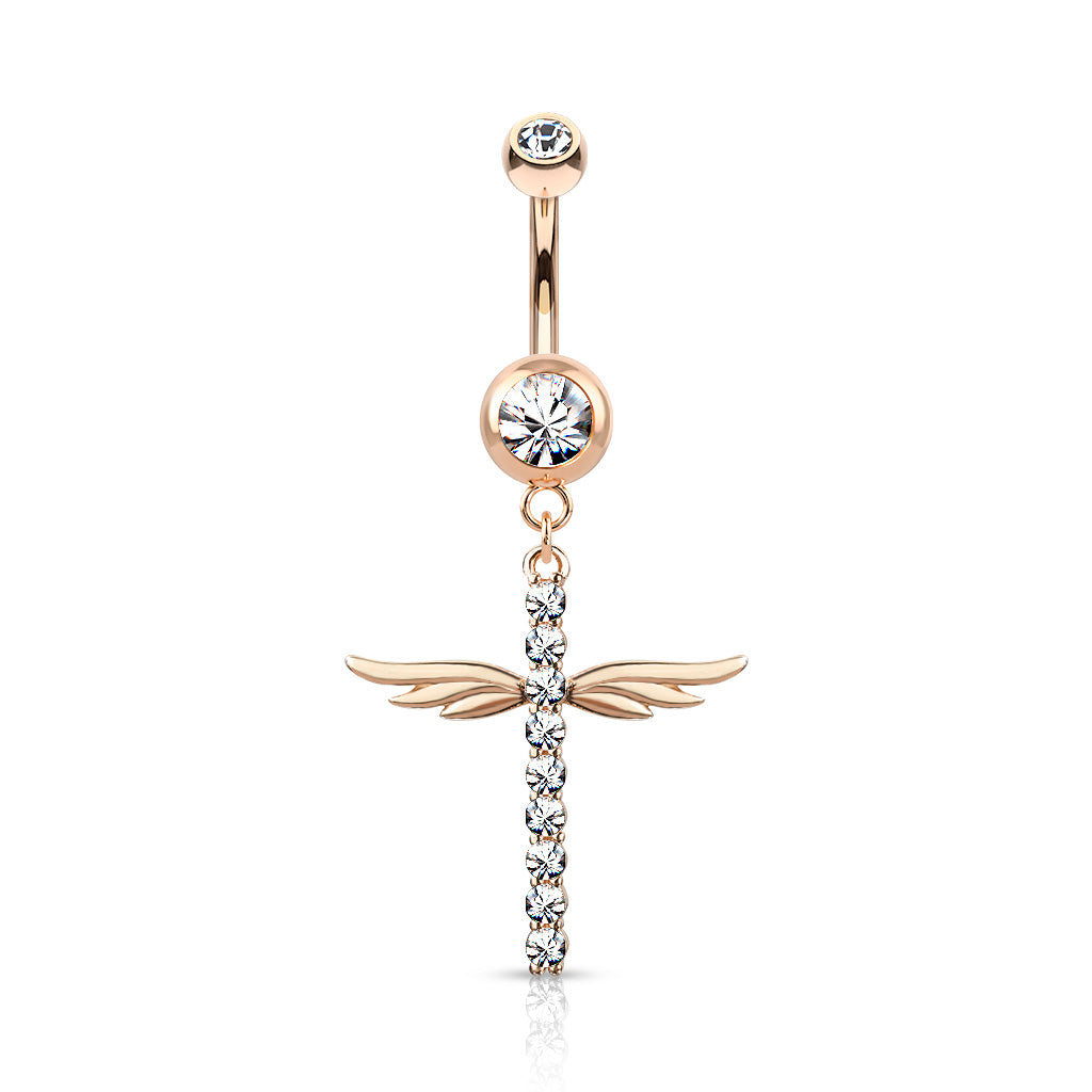 1pc CZ Gem Winged Cross Belly Button Ring Pierced Navel Gold Plated Wings Naval