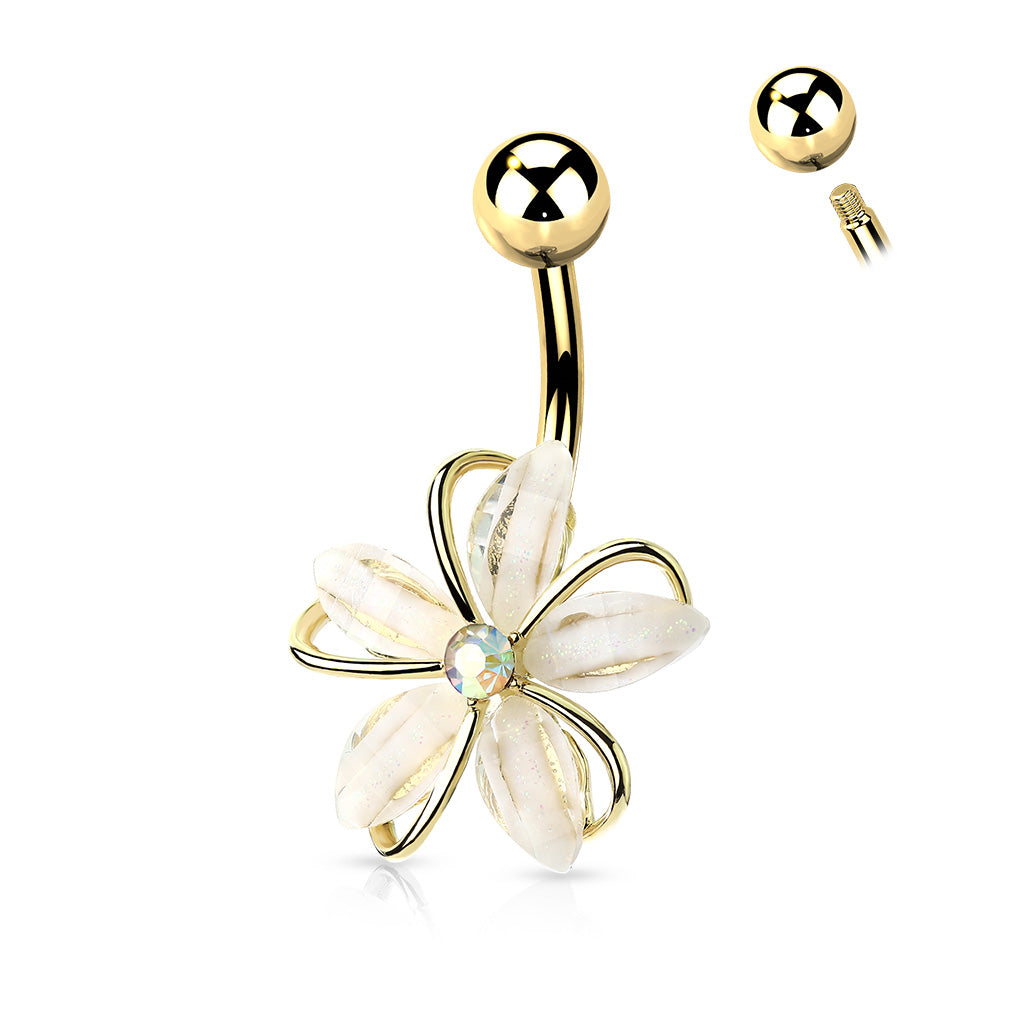 1pc CZ Gem Center Wire Flower Belly Button Ring Pierced Navel Gold Plated Naval