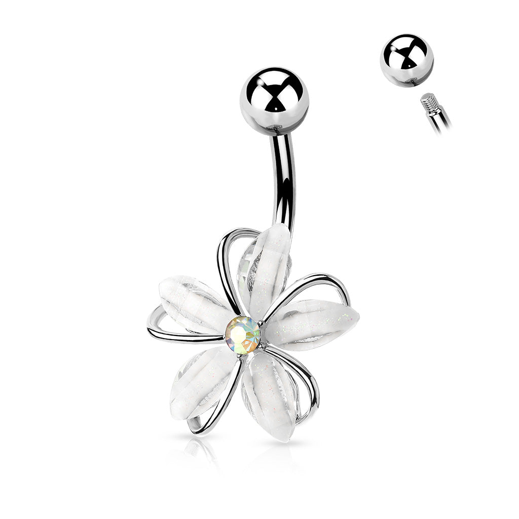 1pc CZ Gem Center Wire Flower Belly Button Ring Pierced Navel Gold Plated Naval