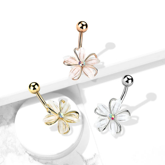 1pc CZ Gem Center Wire Flower Belly Button Ring Pierced Navel Gold Plated Naval