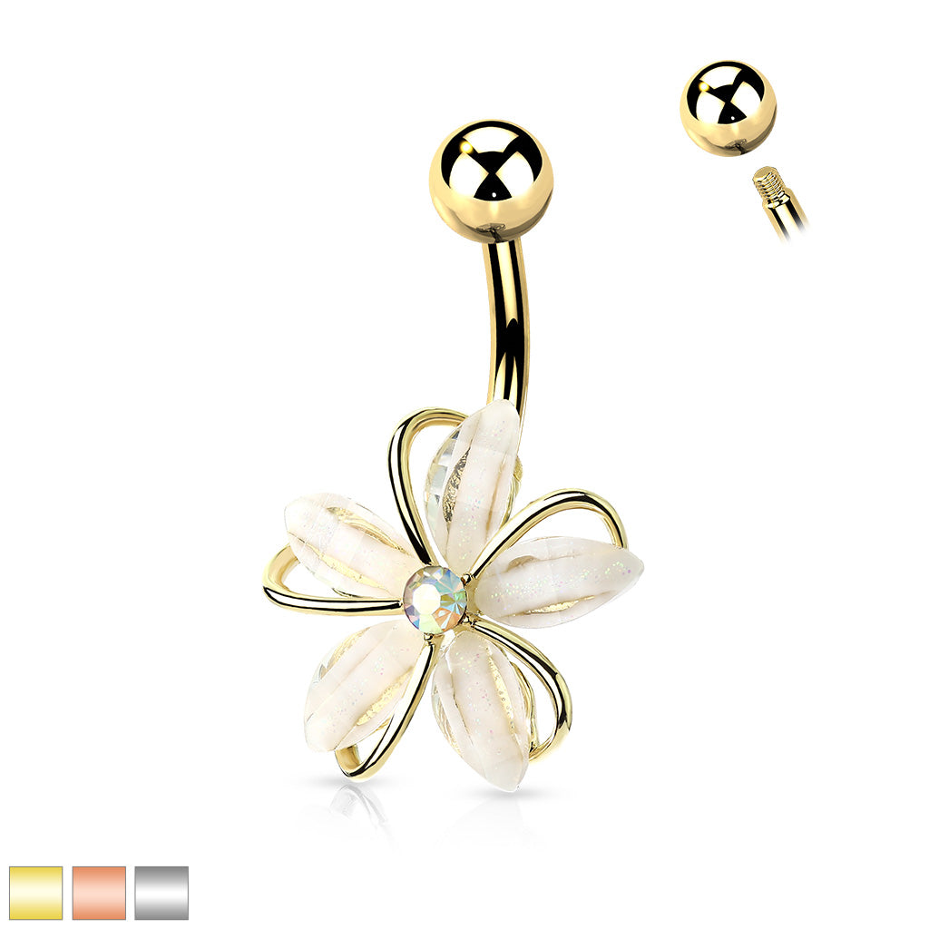 1pc CZ Gem Center Wire Flower Belly Button Ring Pierced Navel Gold Plated Naval