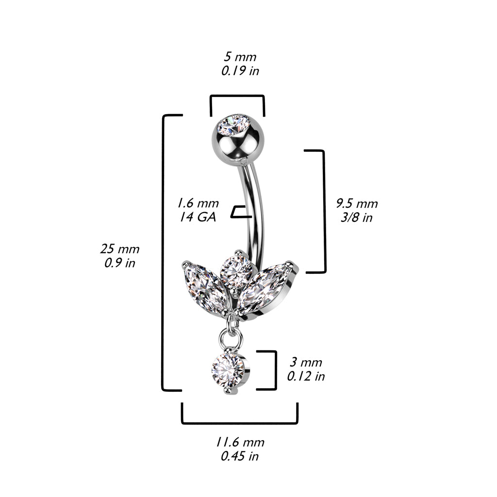 1pc Marquise CZ Gem Sprout Belly Button Ring Pierced Navel Gold Plated Naval