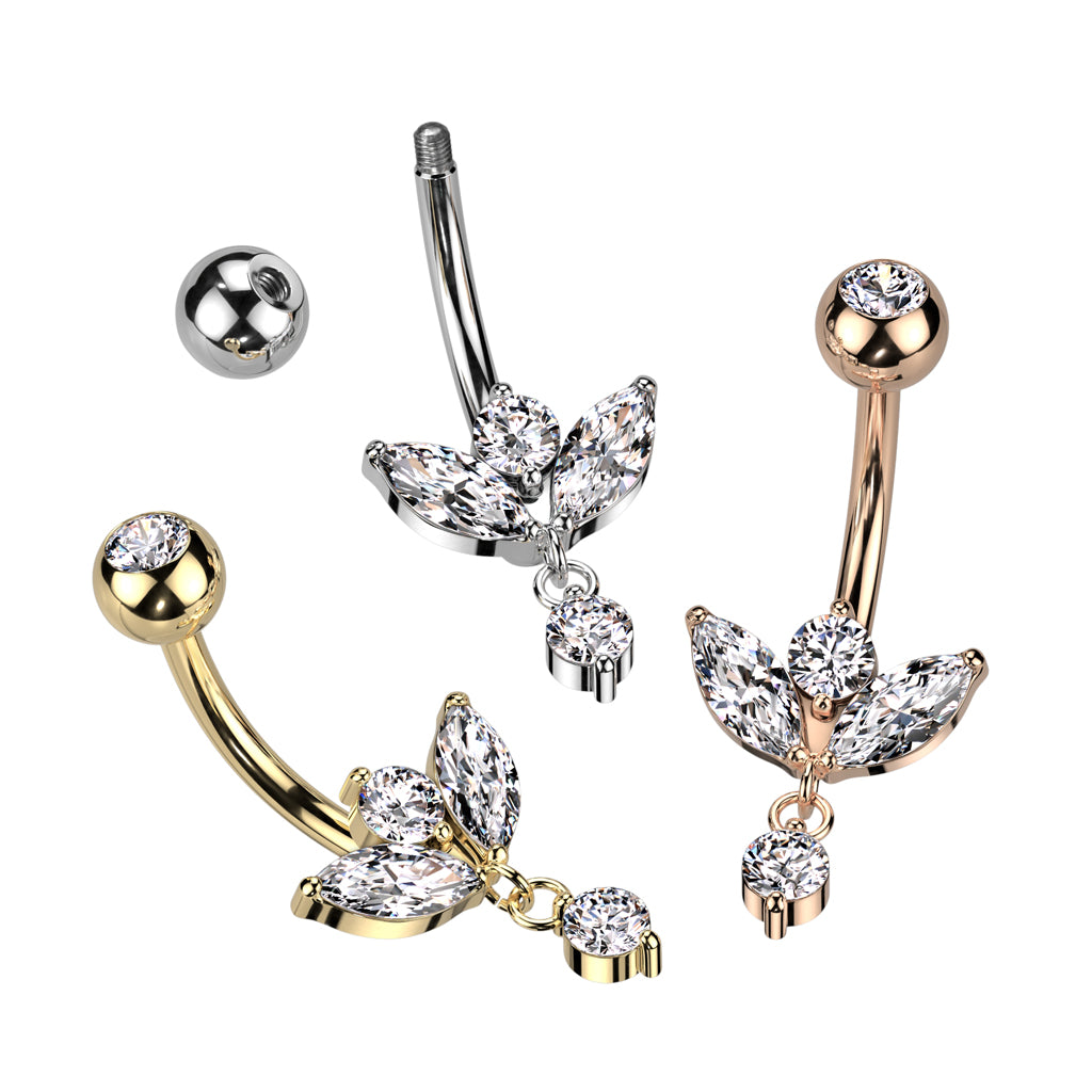 1pc Marquise CZ Gem Sprout Belly Button Ring Pierced Navel Gold Plated Naval