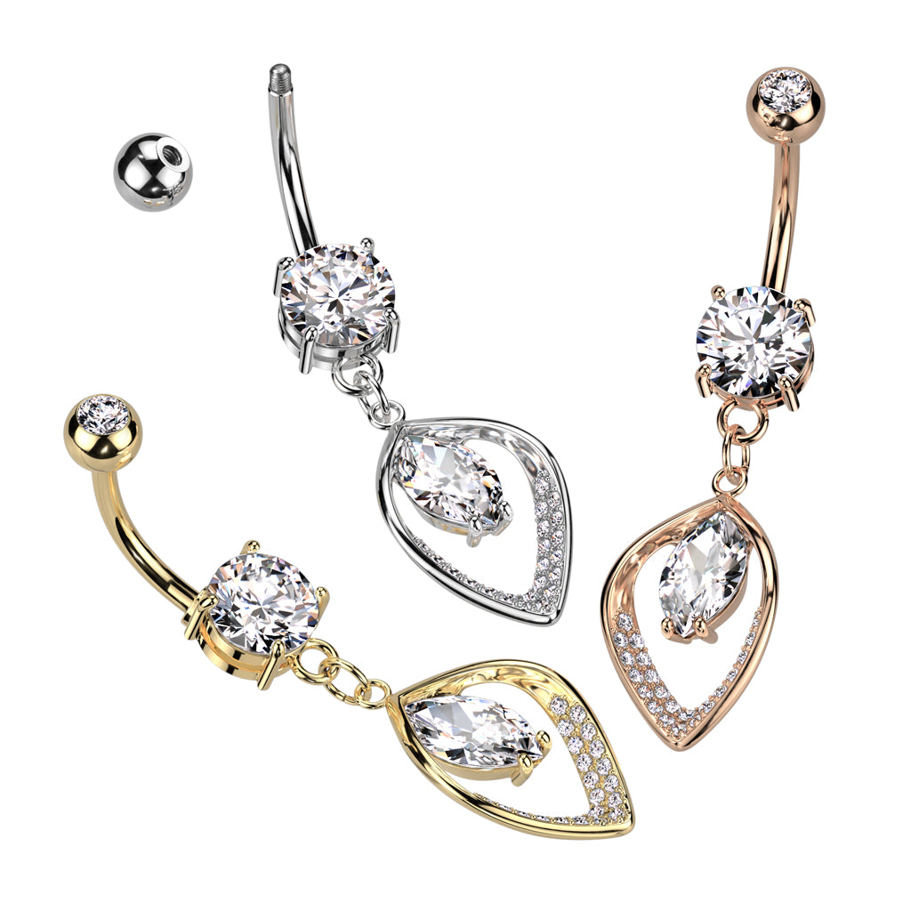 1pc Hollow CZ Gem Paved Leaf Belly Button Ring Pierced Navel Gold Plated Naval