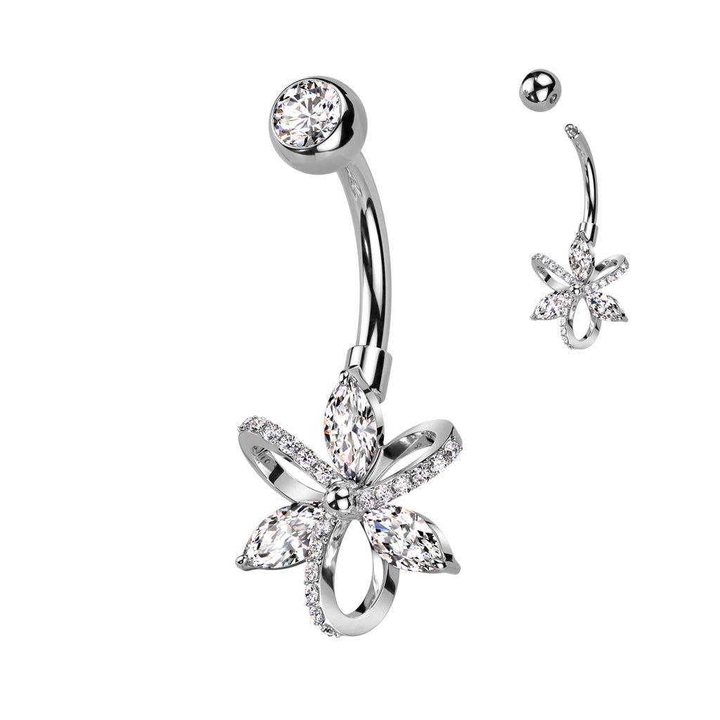 1pc Hollow Paved CZ Gem Flower Belly Button Ring Pierced Navel Gold Plated Naval