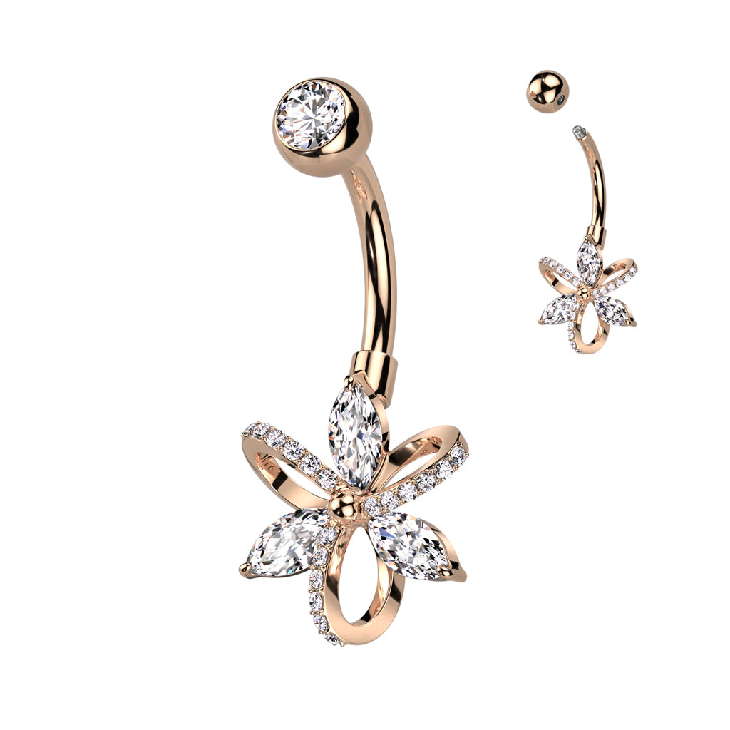 1pc Hollow Paved CZ Gem Flower Belly Button Ring Pierced Navel Gold Plated Naval