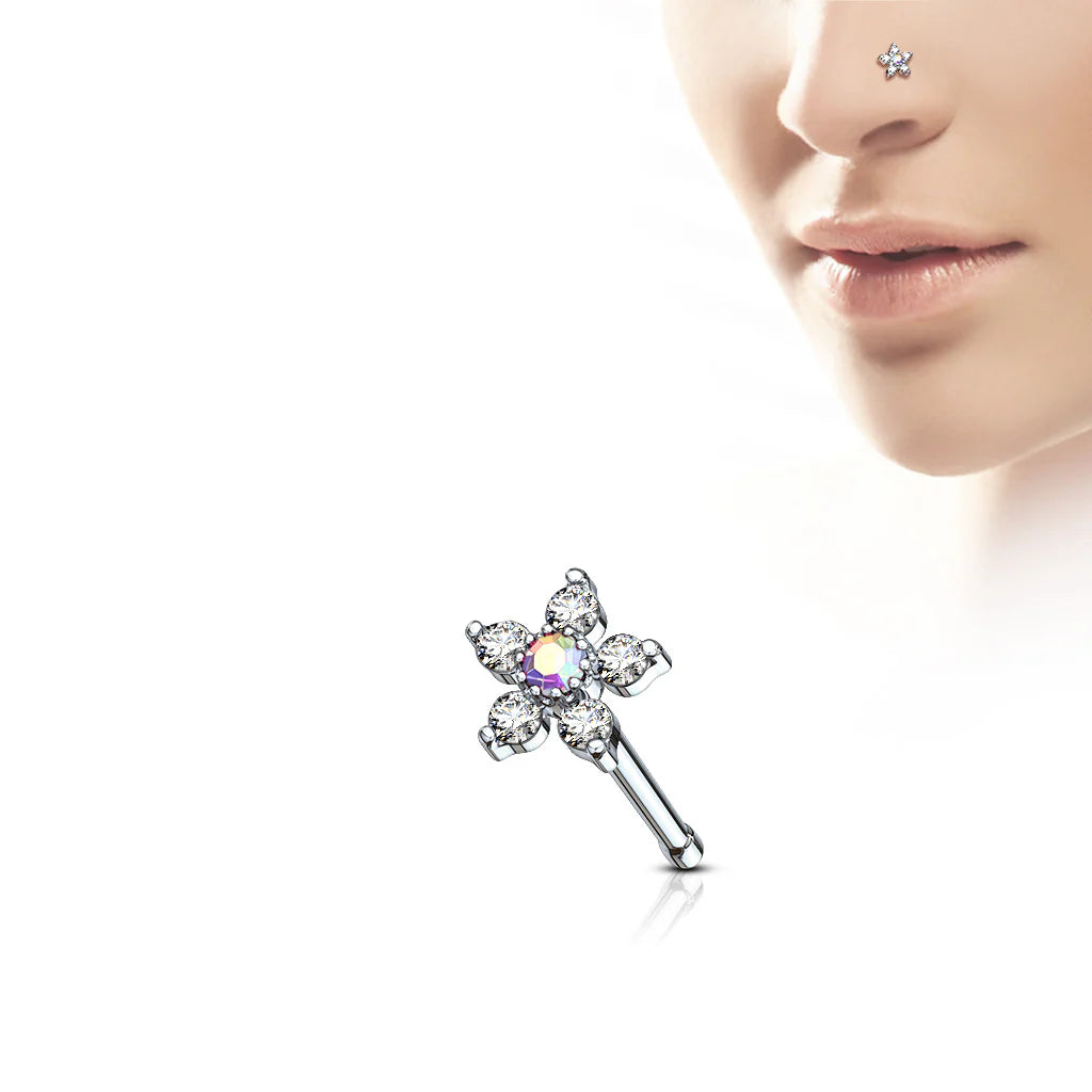 1pc Six CZ Gem Paved Flower Top 20g Nose Ring Stud 316L Surgical Steel