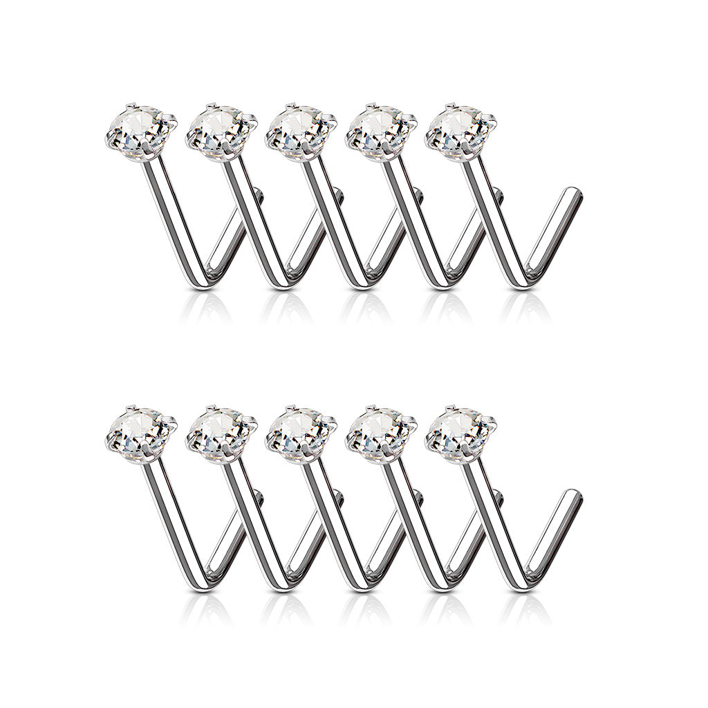 10pc L-Bend Prong Set Clear Gem Nose Rings Studs Screws Wholesale Body Jewelry