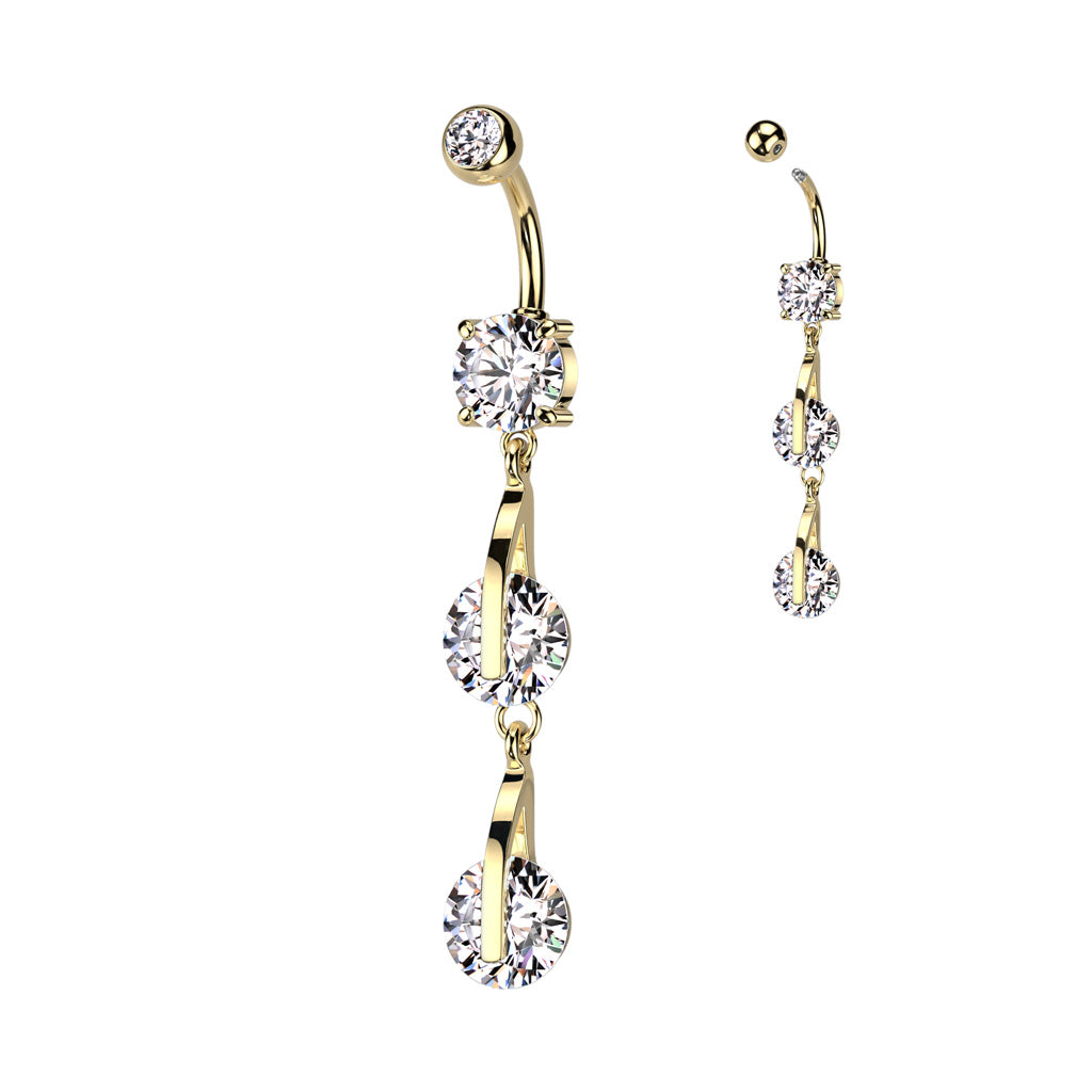 1pc Double CZ Gem Dangle Belly Button Ring Pierced Navel Gold Plated Naval