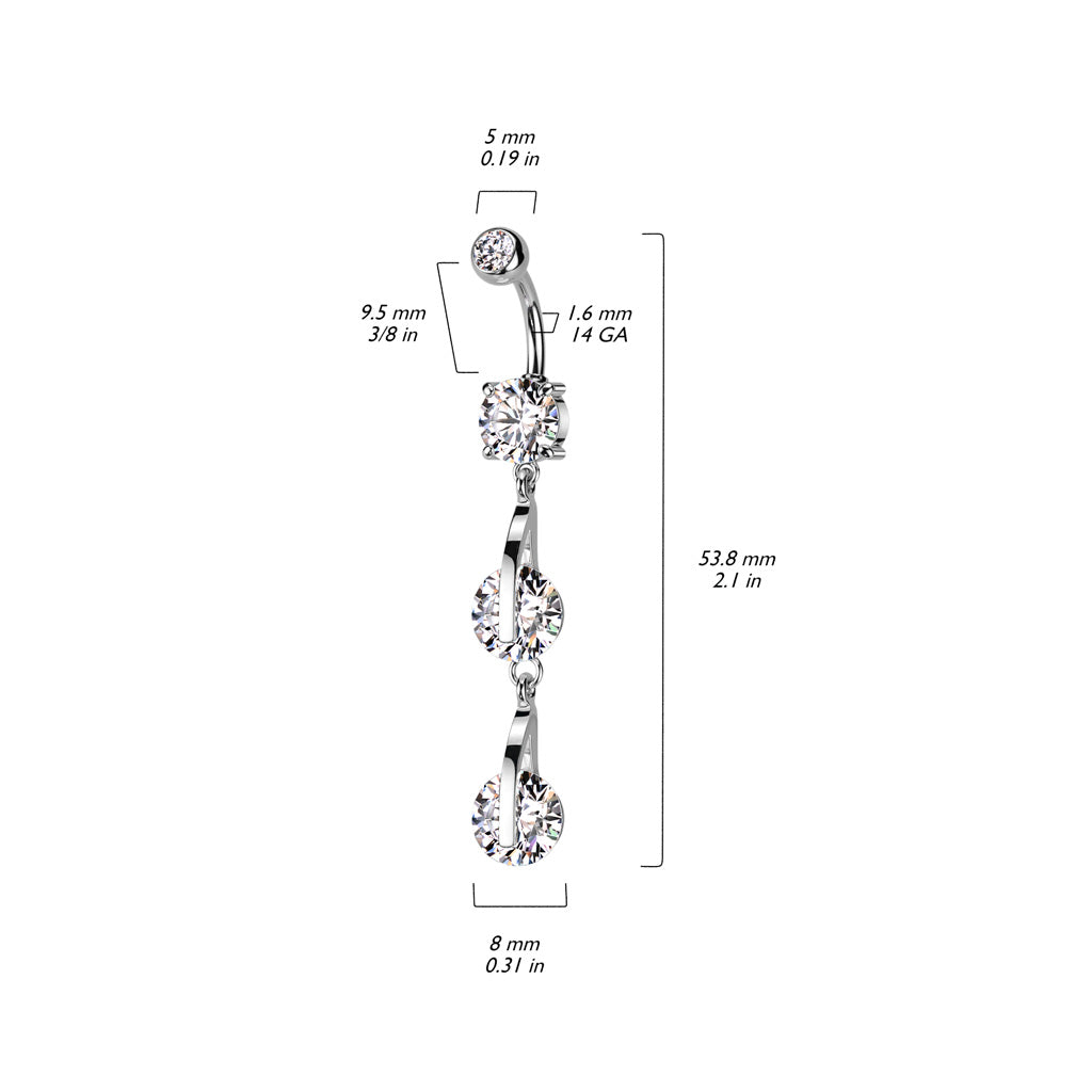 1pc Double CZ Gem Dangle Belly Button Ring Pierced Navel Gold Plated Naval