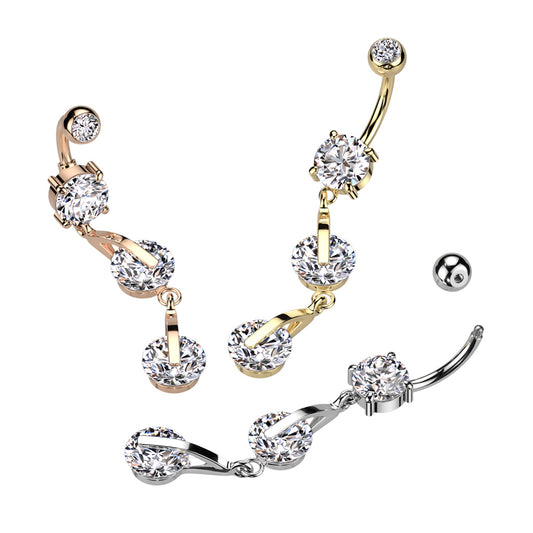 1pc Double CZ Gem Dangle Belly Button Ring Pierced Navel Gold Plated Naval