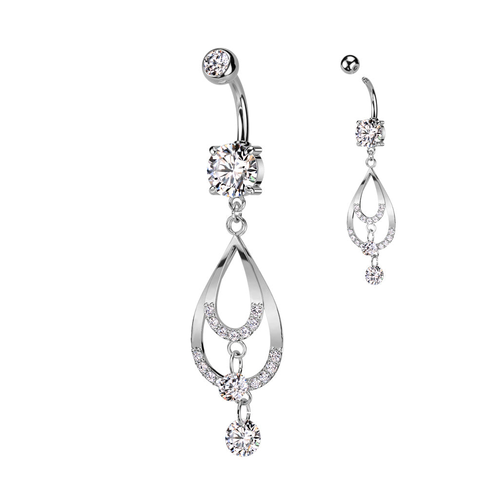 1pc Double CZ Gem Teardrop Belly Button Ring Pierced Navel Gold Plated Naval