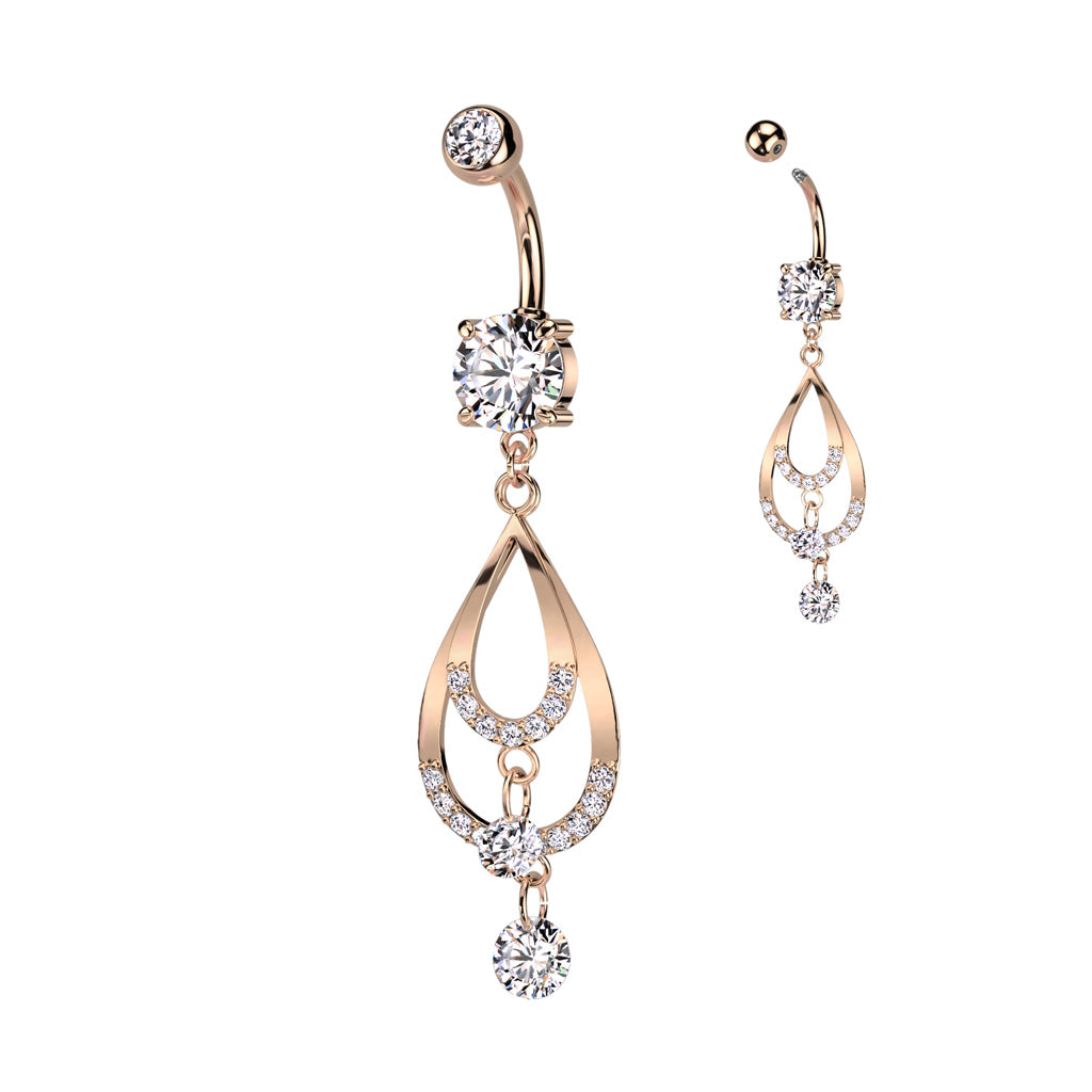 1pc Double CZ Gem Teardrop Belly Button Ring Pierced Navel Gold Plated Naval