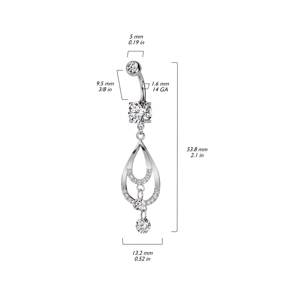1pc Double CZ Gem Teardrop Belly Button Ring Pierced Navel Gold Plated Naval