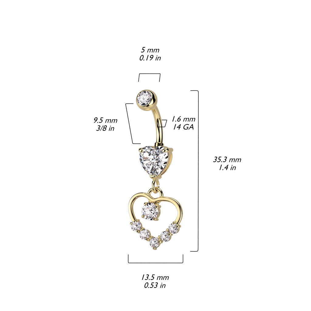 1pc Hollow CZ Gem Paved Heart Belly Button Ring Pierced Navel Gold Plated Naval