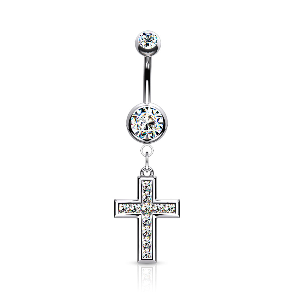 1pc CZ Gem Set Cross Belly Button Ring Pierced Navel Gold Plated Naval