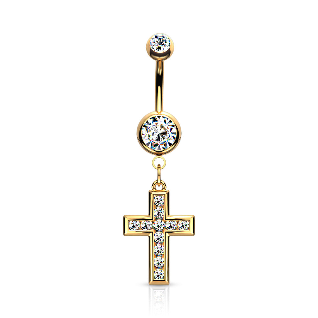 1pc CZ Gem Set Cross Belly Button Ring Pierced Navel Gold Plated Naval