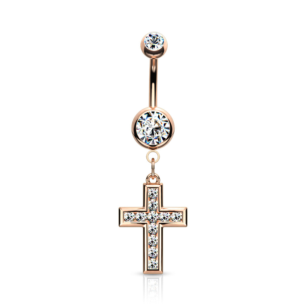 1pc CZ Gem Set Cross Belly Button Ring Pierced Navel Gold Plated Naval