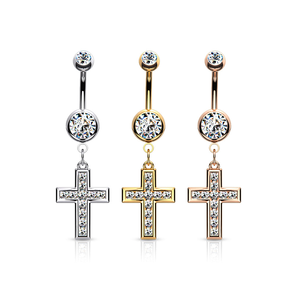 1pc CZ Gem Set Cross Belly Button Ring Pierced Navel Gold Plated Naval