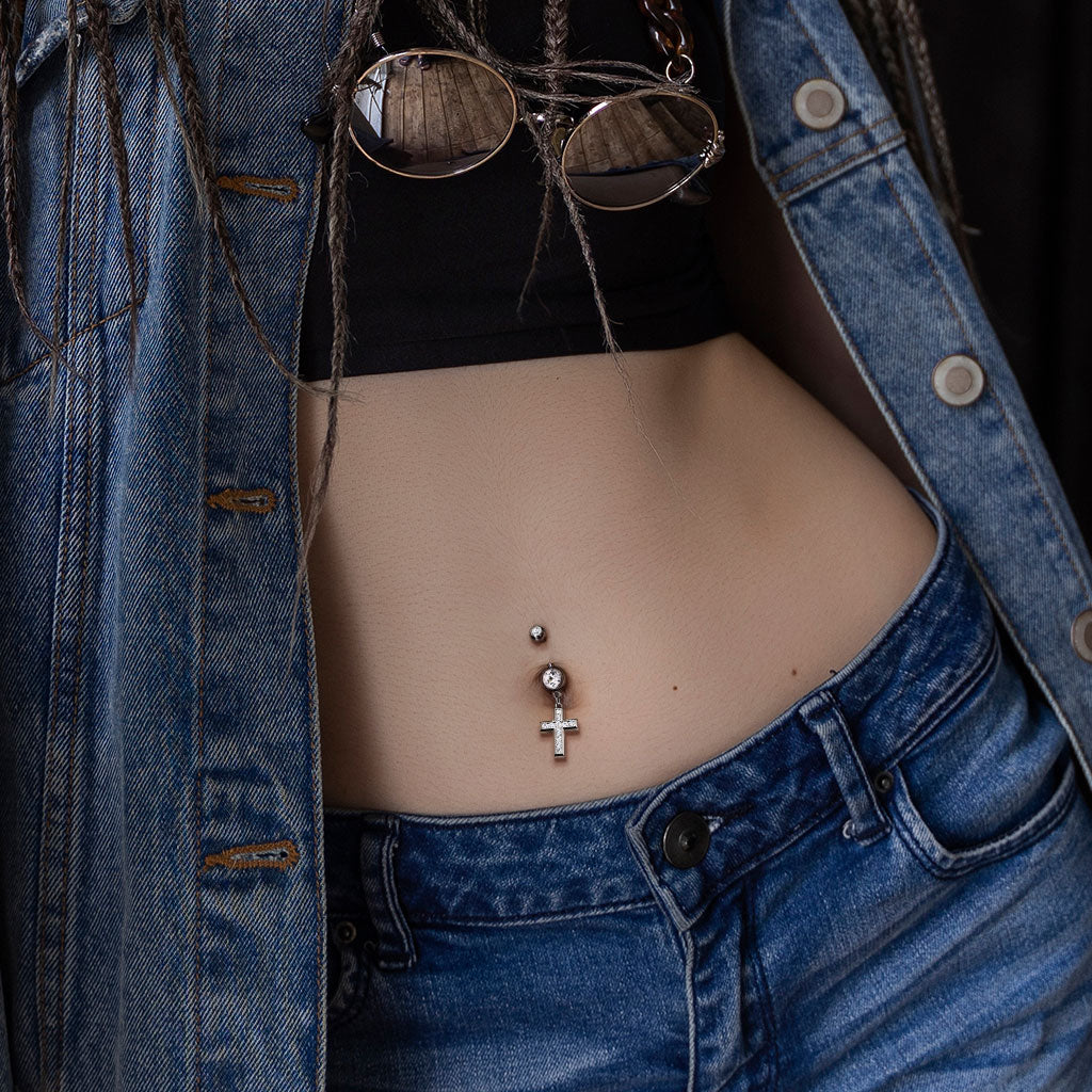 1pc CZ Gem Set Cross Belly Button Ring Pierced Navel Gold Plated Naval